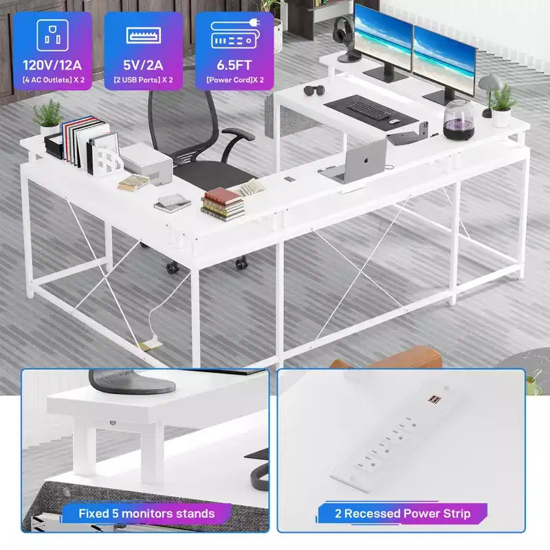 COZONY 78 U/L Shaped Gaming Desk, Reversible Computer Desk with Power Outlets, LED Lights, Monitor Stand & Storage Shelf, Corner Desk for Home Office