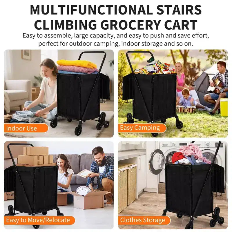 Heavy Duty Stair Climbing Shopping Cart - 360 Swivel Tri-Wheels, Waterproof Liner,135LBS,Folding Carbon Steel Trolley for Laundry, Groceries