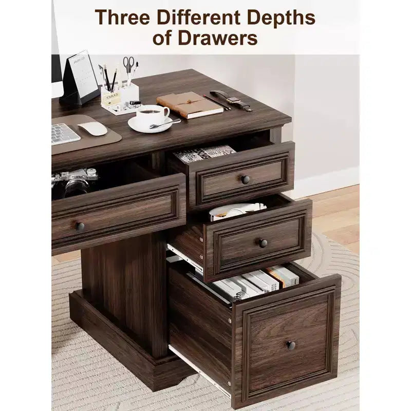 Dyonery 60 Farmhouse Executive Office Desk with Drawers and File Cabinet, Embossed Texture Wood Home Office Desk,Black/Brown/White and brown