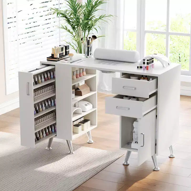 Table de manucure de 42 po pour prothésiste ongulaire avec dépoussiéreur et repose-poignet, table à ongles avec casier vertical coulissant, 1 armoire de rangement, 2 tiroirs