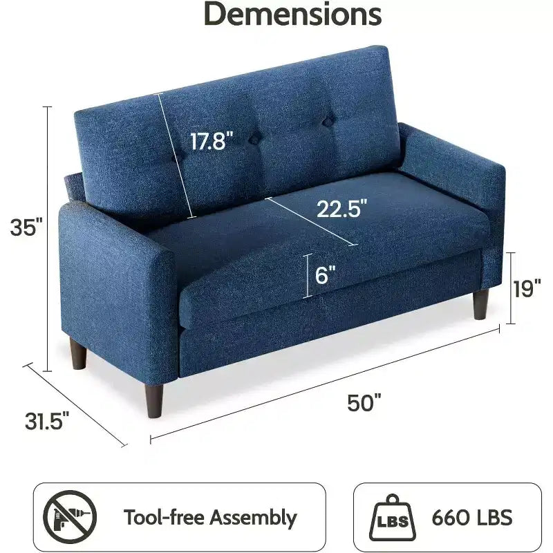 Dyonery 50 Loveseat Sofa, 2-Seater Love Seat for Office & Small Spaces, 24 Deep Seat, FSC Solid Wood Frame, Tool-Free Assembly