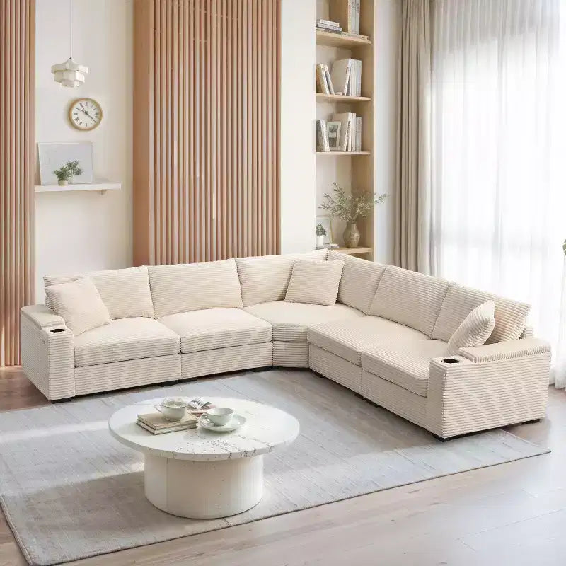 Canapé d'angle modulable en velours côtelé 106 avec accoudoir, rangement, porte-gobelets, chargeur USB et canapé modulaire surdimensionné confortable