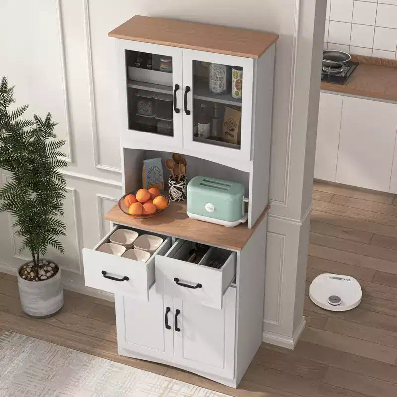23 Wooden Kitchen Cabinet, Pantry Microwave Cabinet with Glass Doors and Drawers, Adjustable Shelves, White