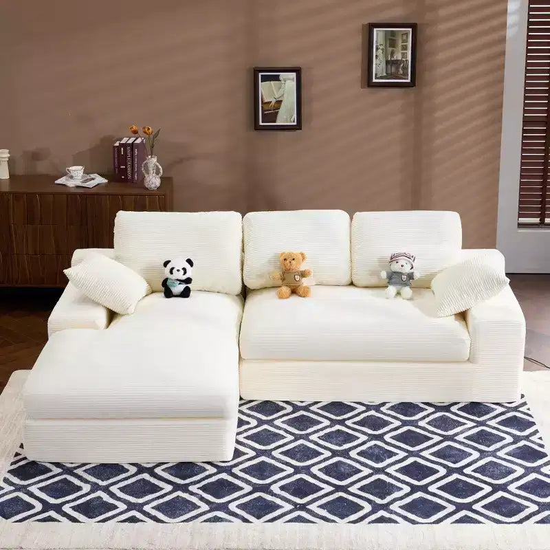 Clihome Corduroy Compressed Sofa - Soft Skin-Friendly with 3 Back Cushions & 2 Throw Pillows