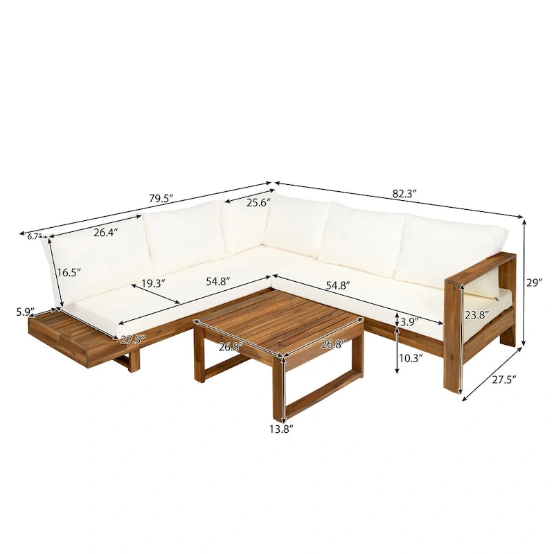 Canapé d'angle en forme de L, ensemble de canapés de patio avec table, canapé de salon en bois, ensemble de conversation extérieur 4 pièces