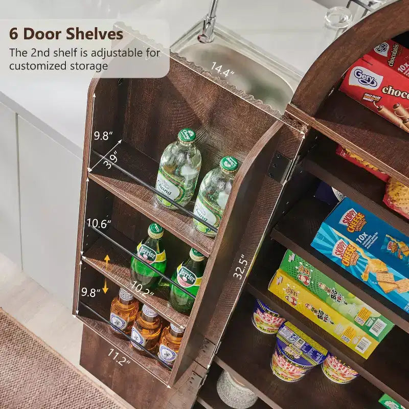 71 Tall Arched Kitchen Pantry, Modern Storage Cabinet with 3 Adjustable Shelves, 6 Door Shelves, for Kitchen, Living Room