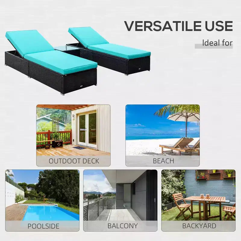 Chaise Lounge Chair Set of 2 with 5 Angle Backrest, Outdoor Coffee Table, Water Repellent Cushions, PE Rattan Wicker Poolside Chairs
