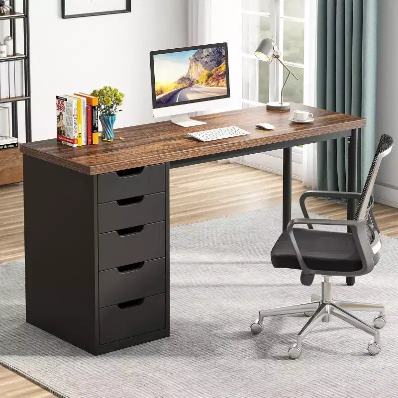 Lantine Computer Desk with 5 Drawers, 47 inches Modern Simple Home Office Desk Study Writing Table for Small Spaces