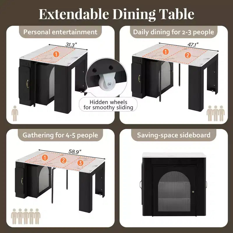 Whisen Extendable Dining Table, Mobile Rolling Island Table with 3 Removable Middle Leaves, Storage Cabinet