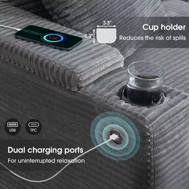 Canapé d'angle modulable en velours côtelé 106 avec accoudoir, rangement, porte-gobelets, chargeur USB et canapé modulaire surdimensionné confortable