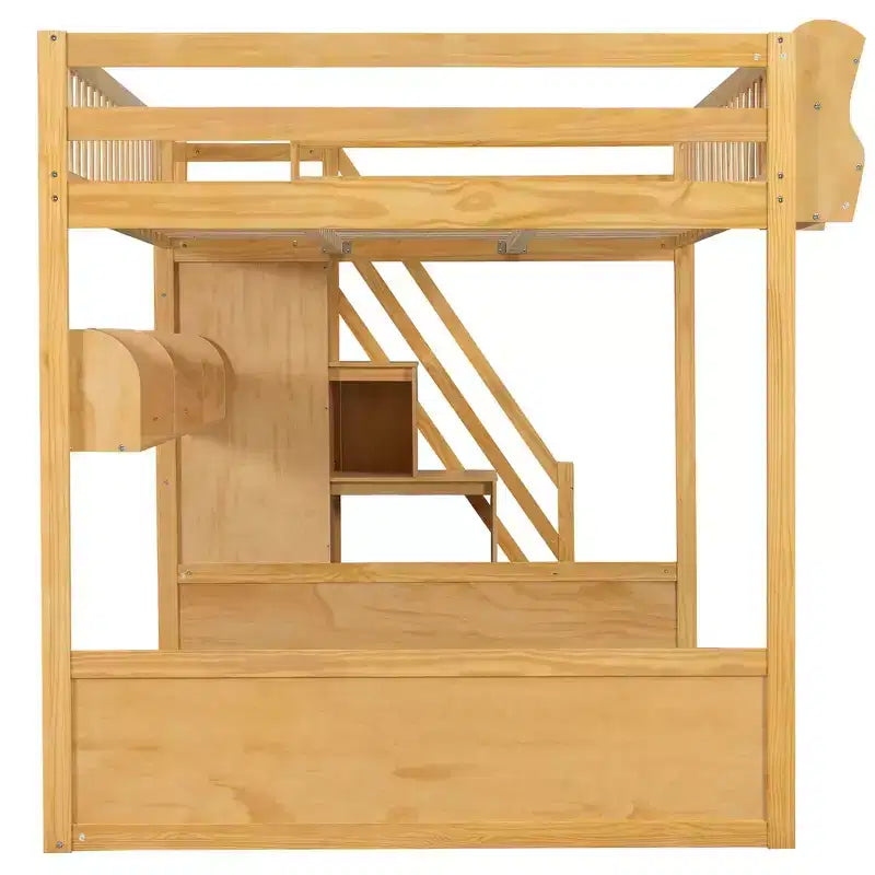 Queen Loft Bed Frame with Staircase, Wardrobe & Storage Shelves - MDF, 650 lb