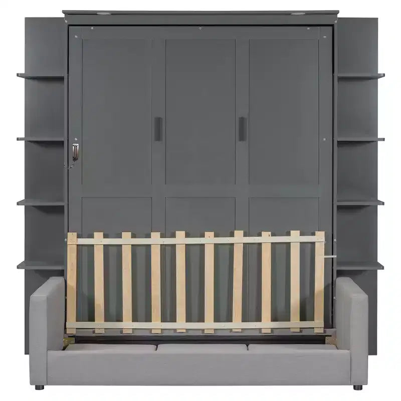 Queen Murphy Bed Wall Bed with Sofa, Queen Size Cabinet Bed Folding Wall Bed with Bookshelf and Shelves for Guest Room Office