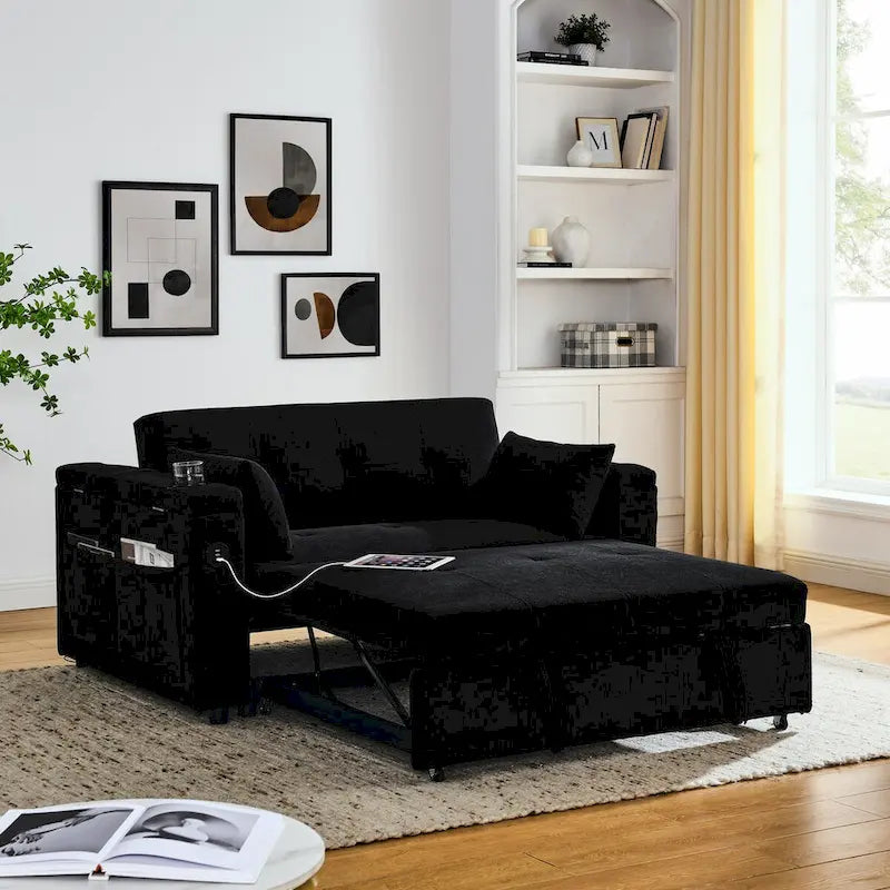 54 Pull-Out Sleeper Sofa Bed, 2 Seat Recliner Sofa Bed with Storage, Lumbar Pillow, USB Power Outlet
