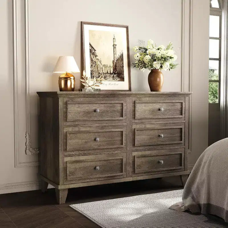 Dresser for Bedroom, 6 Drawer Wide Dresser Storage Organizer, Modern Wooden Chest of Drawers with Metal Handles for Hallway, Entryway, Home Office