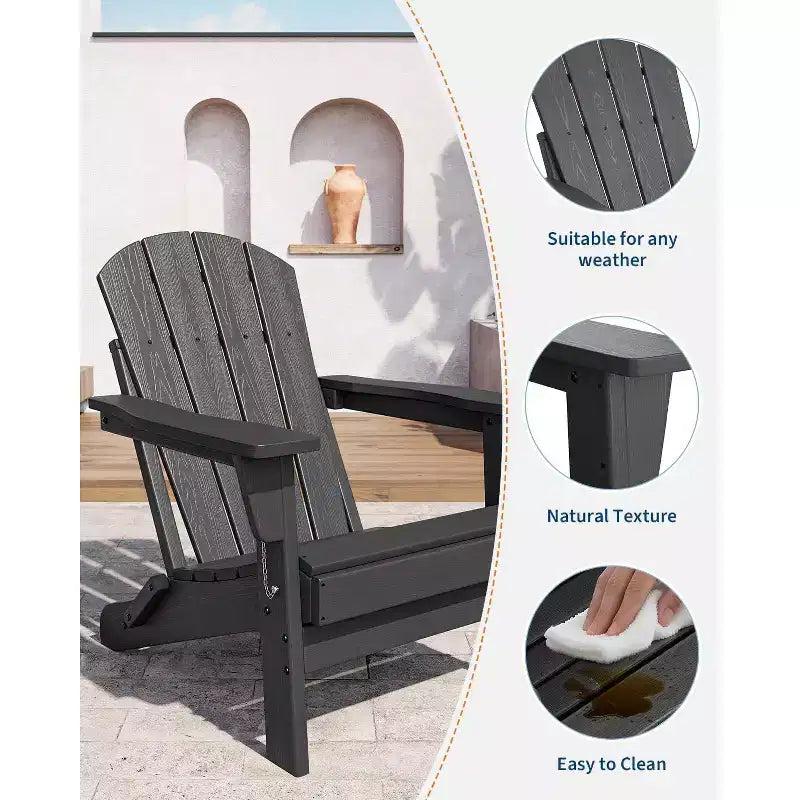Folding Adirondack Chairs Set of 2 with Side Table, HDPE Plastic Wood Texture, 380lbs Capacity,Weather Resistant Outdoor Set for Patio, Deck,Fire Pit