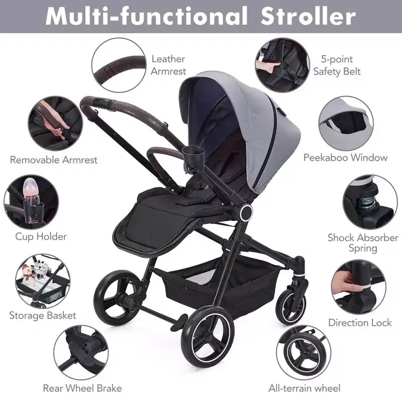 Baby Stroller, Foldable Stroller - High Landscape Pushchair for Newborn & Toddler, Convertible Pram with Reversible Backrest