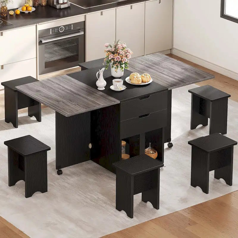 Ensemble de salle à manger pliant Moasis 5 ou 7 pièces avec table à rabats et tabourets de rangement, pour jusqu'à 6 personnes