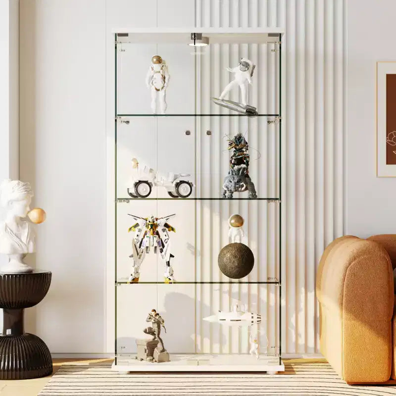 4-Tier Tempered Glass Display Cabinet, Full-Glass Curio Case with LED Lights & Human Body Sensor, Storage Cabinet for Collectibles & Decor