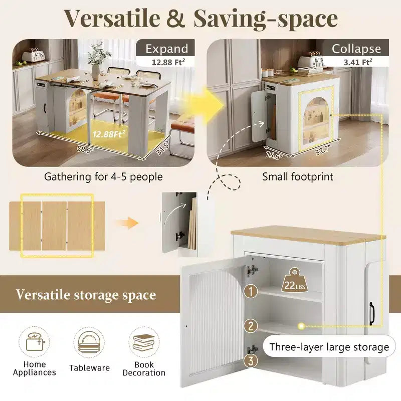 Whisen Extendable Dining Table, Mobile Rolling Island Table with 3 Removable Middle Leaves, Storage Cabinet