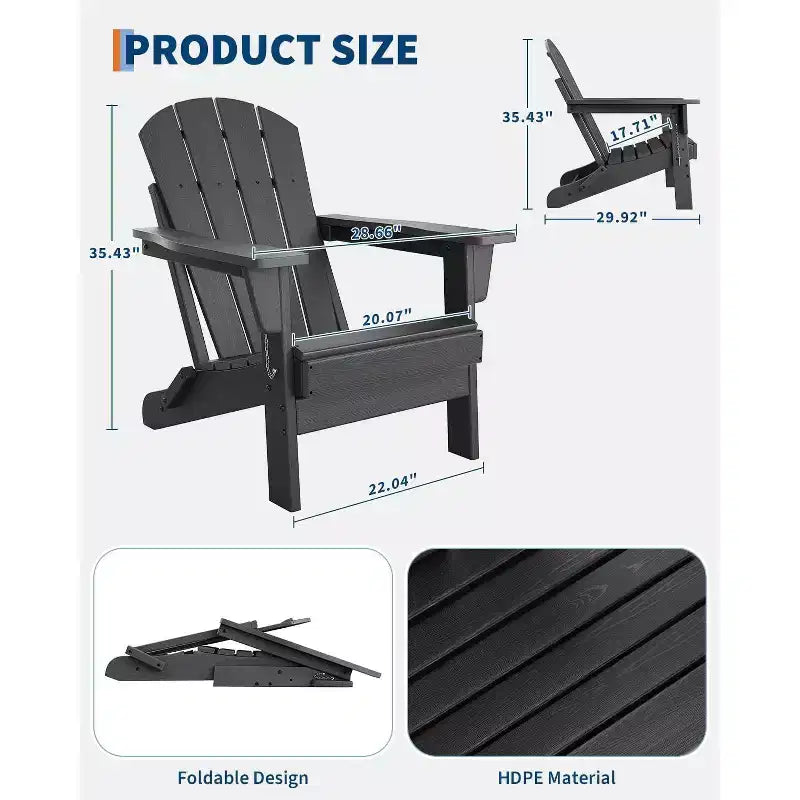 Folding Adirondack Chairs Set of 2 with Side Table, HDPE Plastic Wood Texture, 380lbs Capacity,Weather Resistant Outdoor Set for Patio, Deck,Fire Pit