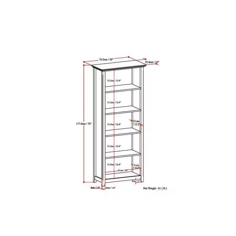 70 Five-Shelf Solid Wood Bookcase - Lacquered Pine, 4 Adjustable Shelves