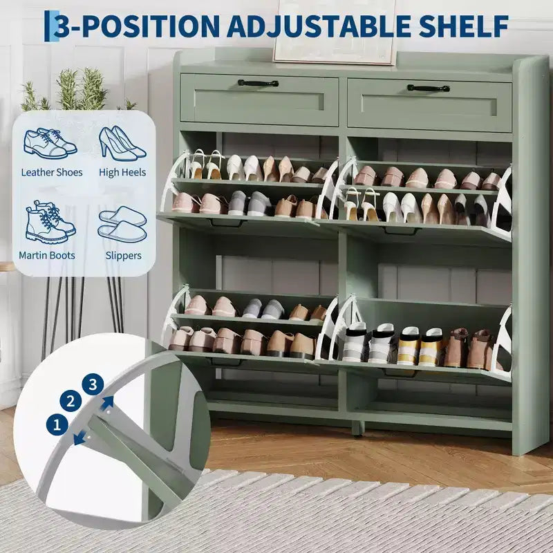 Shoe Cabinet with 4 Flip Drawers & 2 Top Drawers, Wooden Shoe Organizer Cabinet with Adjustable Shelf, Freestanding Shoe Storage Cabinets