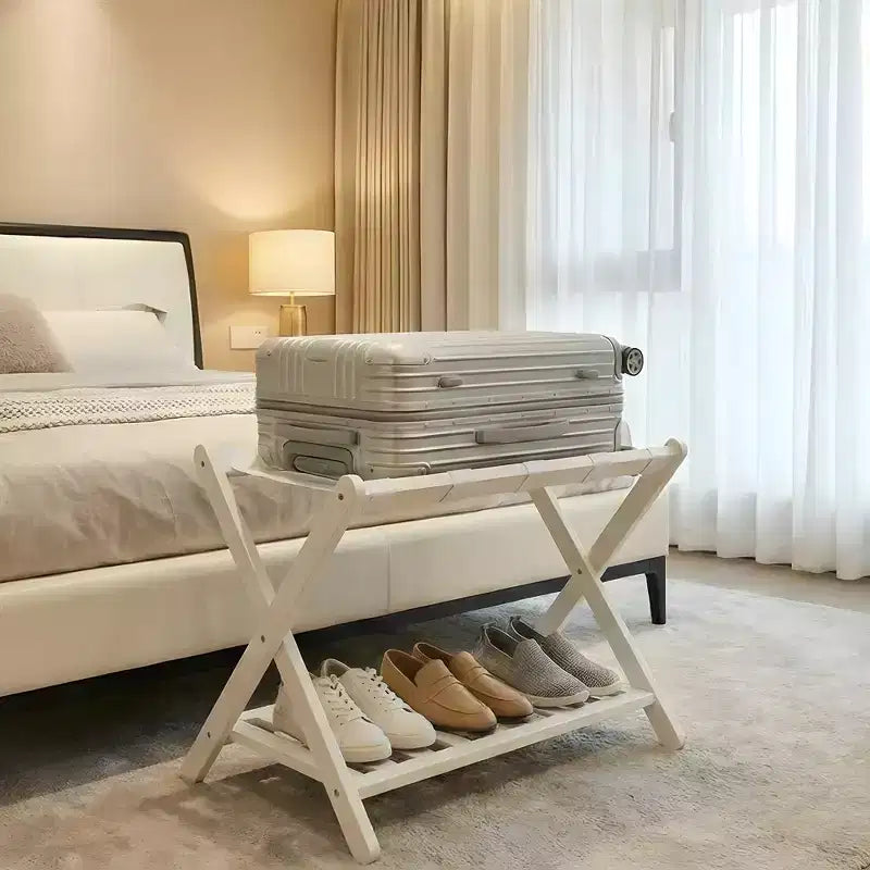 2-Pack Folding Bamboo Luggage Rack with 2-Tier Shelf  Premium White Suitcase Stand Holds 150 lb for Bedrooms & Hotels