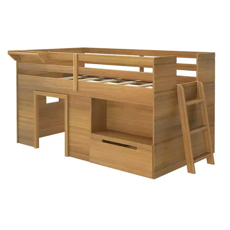 Max & Lily Modern Farmhouse Low Loft Bed with Storage Drawer, Solid Wood Bed for Kids