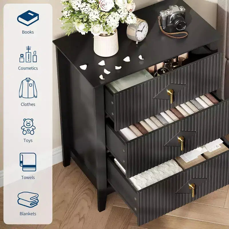 2Pcs Fluted Wood Nightstands, 27.5 Wide 3-Drawer Dresser Set, Modern Bedside Tables, Chest of Drawers for Bedroom, Living Room
