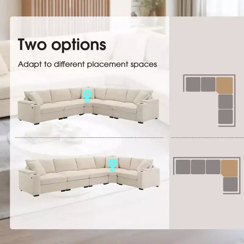 Canapé d'angle modulable en velours côtelé 106 avec accoudoir, rangement, porte-gobelets, chargeur USB et canapé modulaire surdimensionné confortable