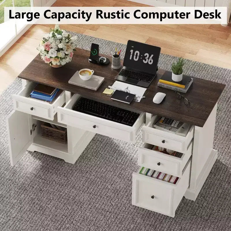 Bureau exécutif 60 po de style campagnard pour bureau à domicile – Bureau d'écriture en bois avec tiroirs, rangement d'armoire, bureau rustique pour le travail et les études