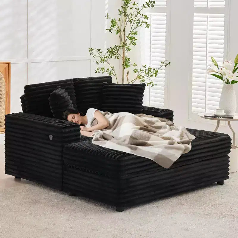 Corduroy 3-Seat Lounge Sofa with Cup Holders & Charging Ports
