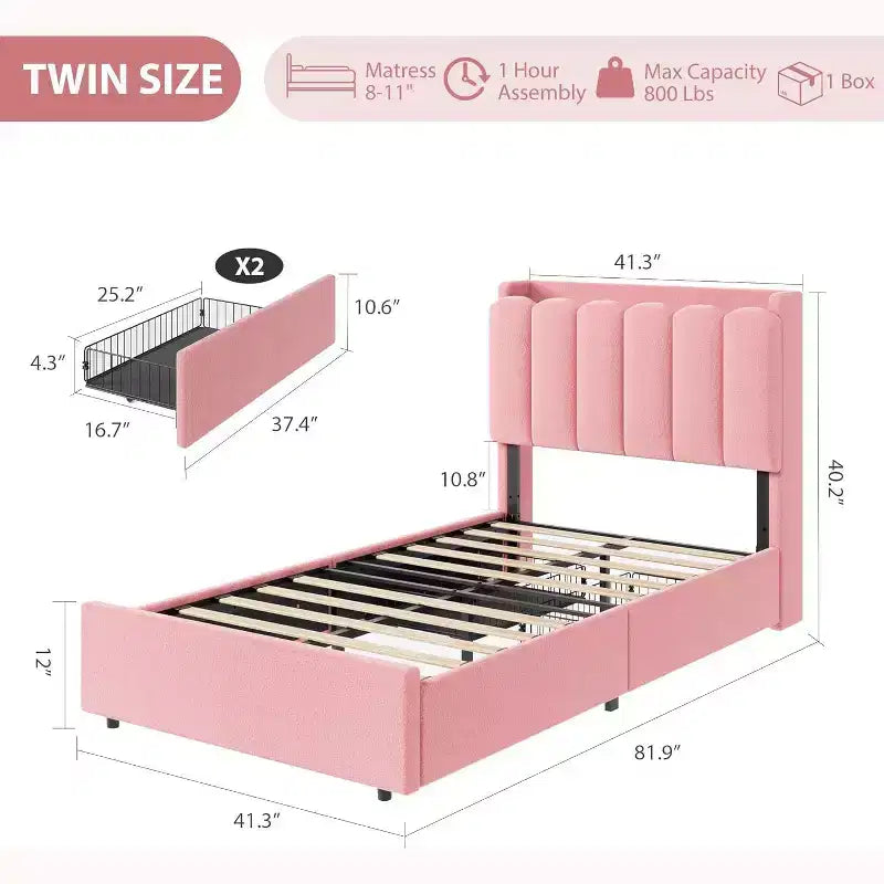 Bed frame with storage headboard, childrens bed frame with 2 drawers, fabric upholstered platform bed, contoured headboard with bookshelf