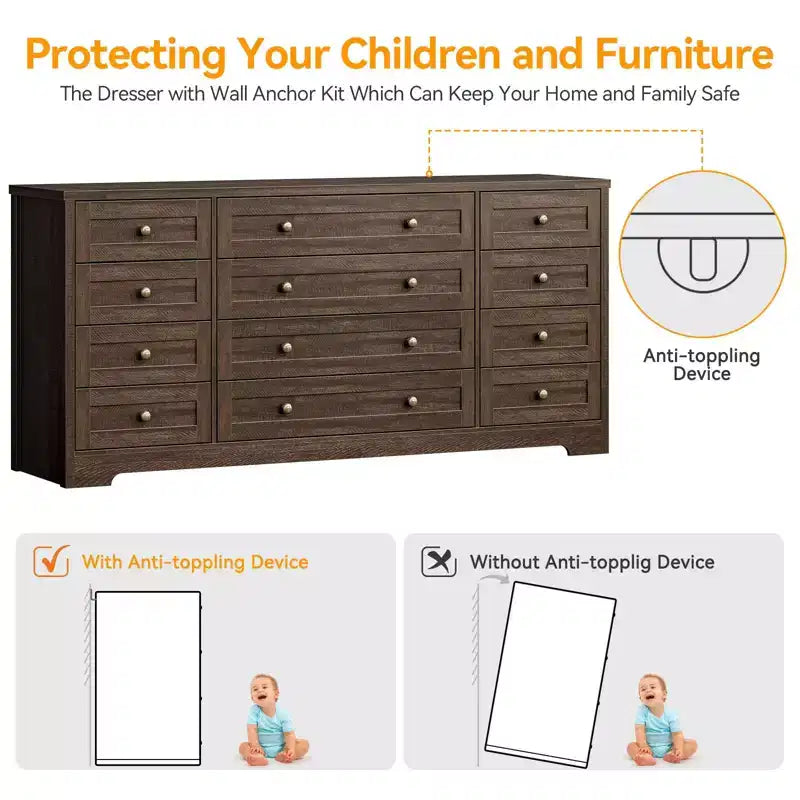 12 Drawers Dresser for Bedroom Wooden, Modern Wide TV Stand Dressers for 65 Inch TV, Wood Chest of Drawers, Farmhouse Clothes Storage for Living Room