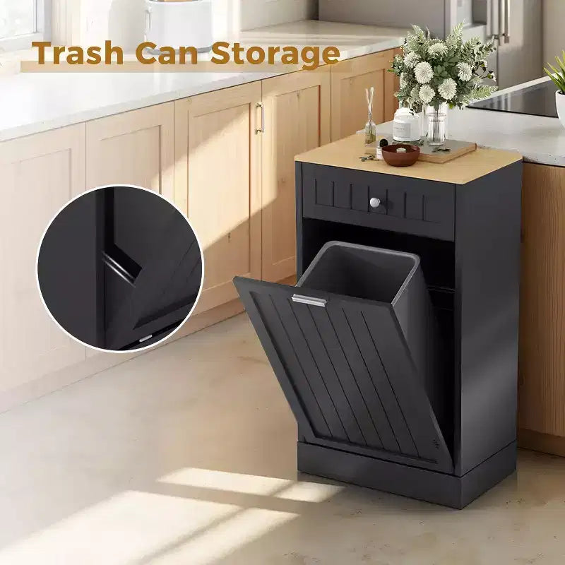 Poubelle et meuble de recyclage en bois COZONY avec tiroir dissimulé Support de poubelle de cuisine autoportant anti-animaux, design peu encombrant