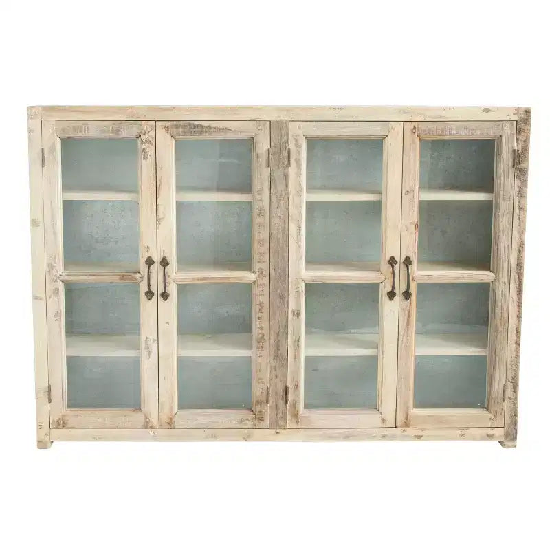 40 Tall 4-Door Reclaimed Wood and Metal Storage Cabinet with Glass Doors, Brown