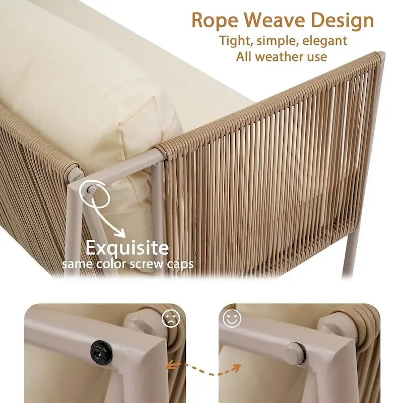 4 PCS Outdoor Rope Patio Set for 4 with Cushions and Glass Table