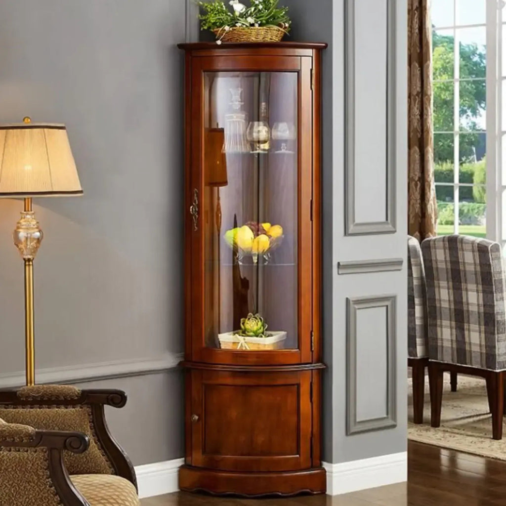Classic Brown Rubberwood Corner Cabinet with Glass Door