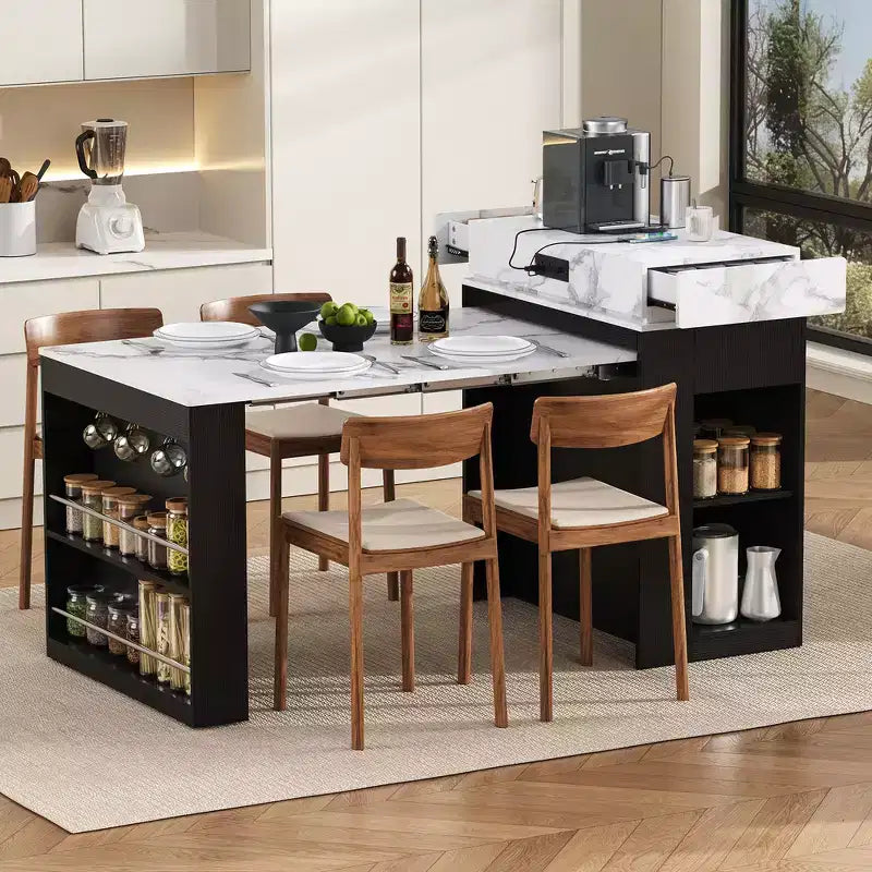 Whisen Extendable Dining Table, Mobile Rolling Island Table with 3 Removable Middle Leaves, Storage Cabinet