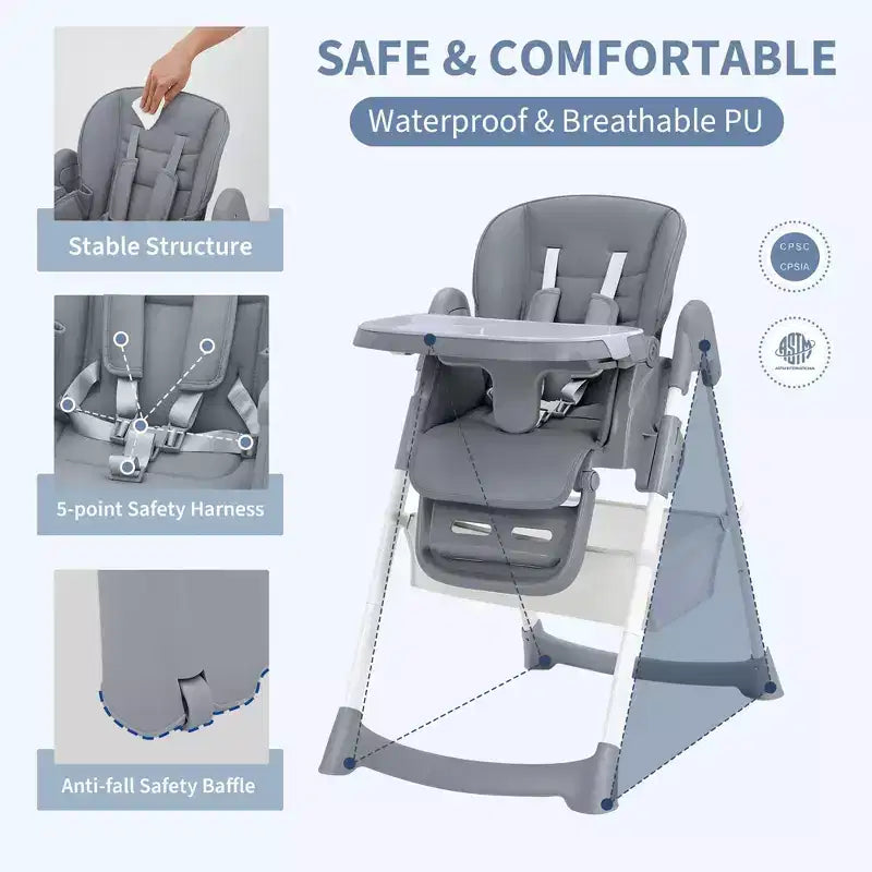 Foldable High Chair for Babies&Toddlers,PU Leather Highchair with Adjustable Backrest,Seat Height,Removable Tray,5-Point Safety Harness&Locking Wheels
