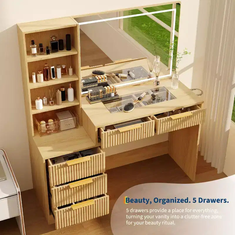 Makeup Vanity Desk with Lighted Mirror & Charging Station, 3-Color Dimmable Touch, 5 Drawers & Glass Top, Modern Bedroom Dressing Table