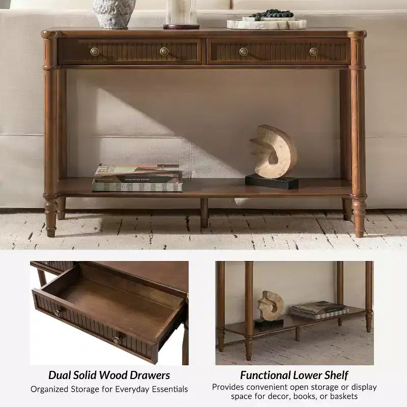 47.2 Walnut Console Table with 2 Fluted Drawers & Lower Shelf
