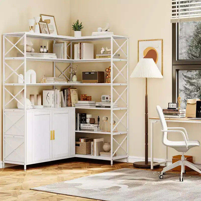 Corner Bookshelf - 6 Tier Corner Book Shelf with Storage, Farmhouse L Shaped Book-Shelf with Cabinet, Modern Industrial Bookcase for Home Office