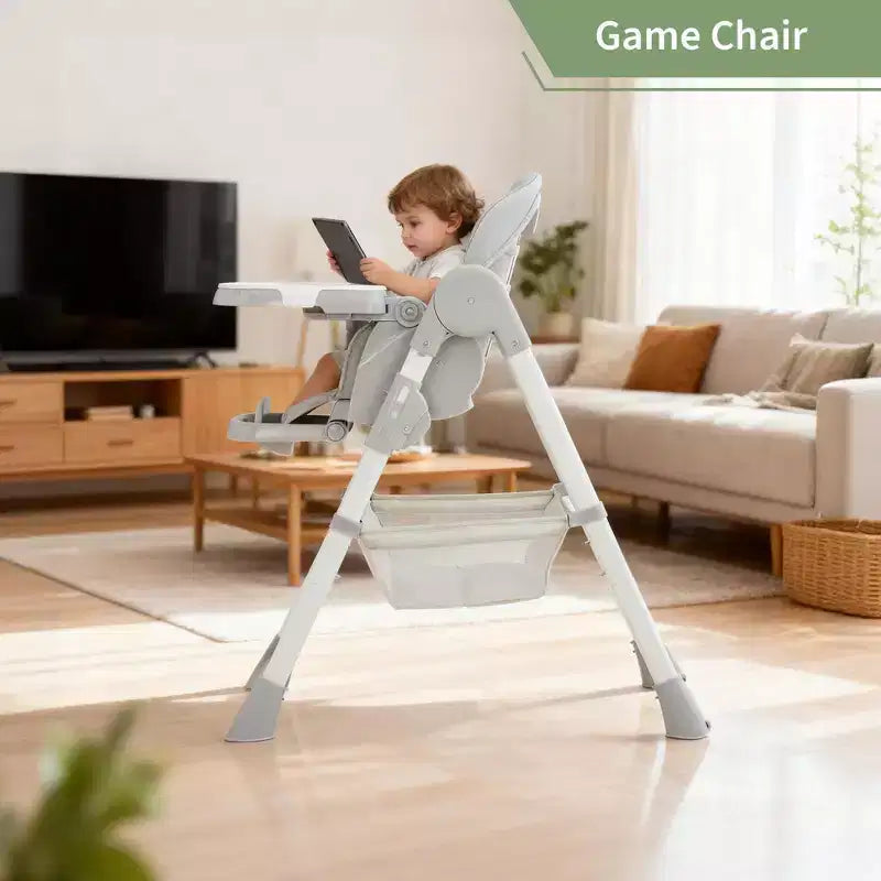 Foldable High Chair for Babies&Toddlers,PU Leather Highchair with Adjustable Backrest,Seat Height,Removable Tray,5-Point Safety Harness&Locking Wheels