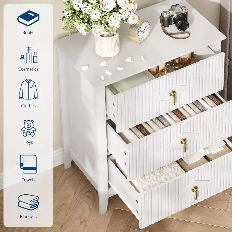 2Pcs Fluted Wood Nightstands, 27.5 Wide 3-Drawer Dresser Set, Modern Bedside Tables, Chest of Drawers for Bedroom, Living Room