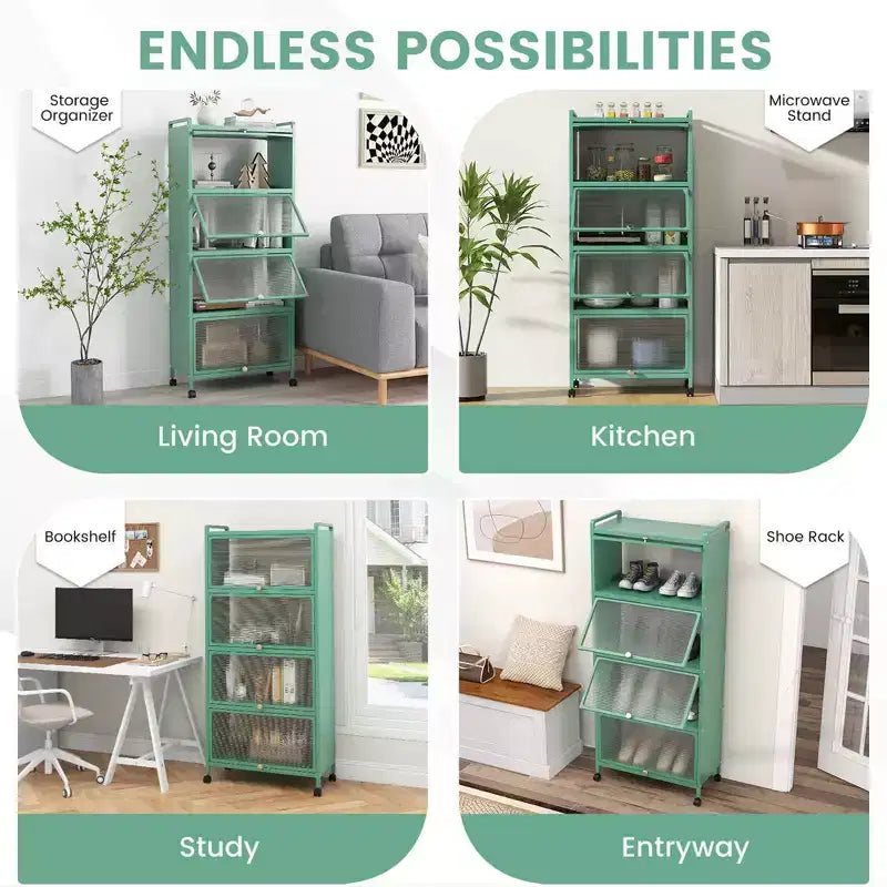 Costway 5-Tier Kitchen Bakers Rack Storage Cabinet Mobile Microwave Stand Flip-up Doors White/Black/Grey/Green