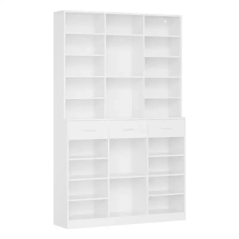 Black/White 9-Tier Bookcase with 3 Drawers, Adjustable Shelves