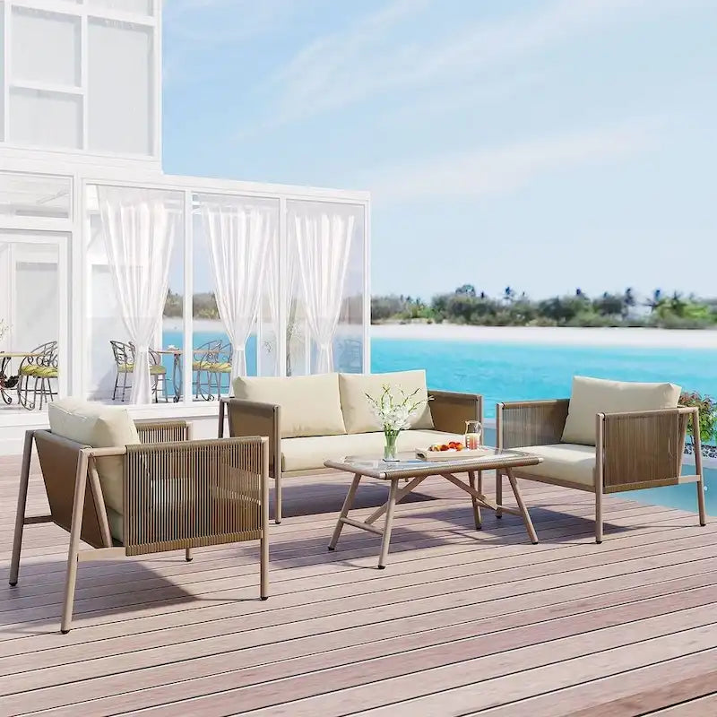 4 PCS Outdoor Rope Patio Set for 4 with Cushions and Glass Table