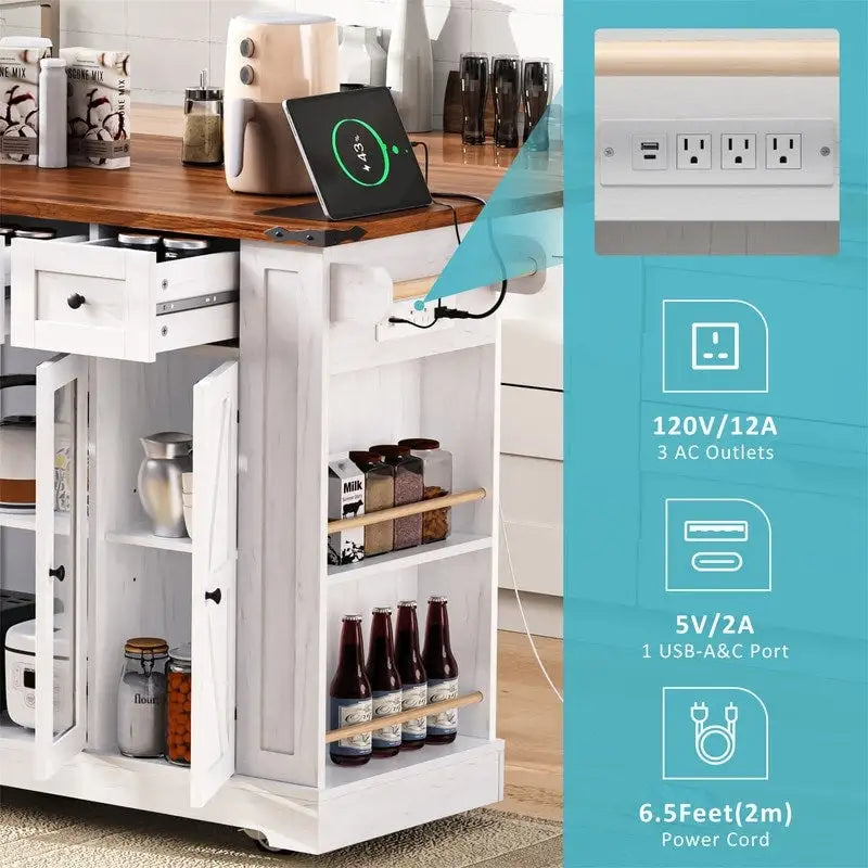 Îlot de cuisine avec rabat, 3 tiroirs et 5 étagères latérales ouvertes, desserte de cuisine roulante avec 2 portes d'armoire en verre trempé et prise de courant
