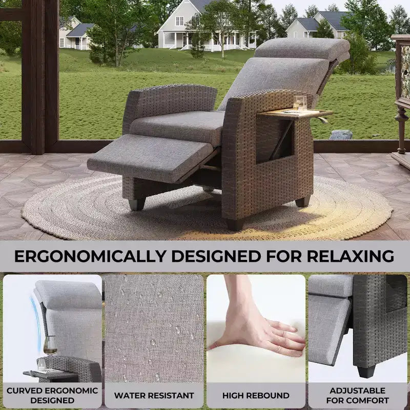 Indoor Outdoor Wicker Recliner Chair with Flip-Up Table Air Pump 155 Lay Flat, Adjustable Wicker Lounge Recliner Chair with Backrest and Footrest